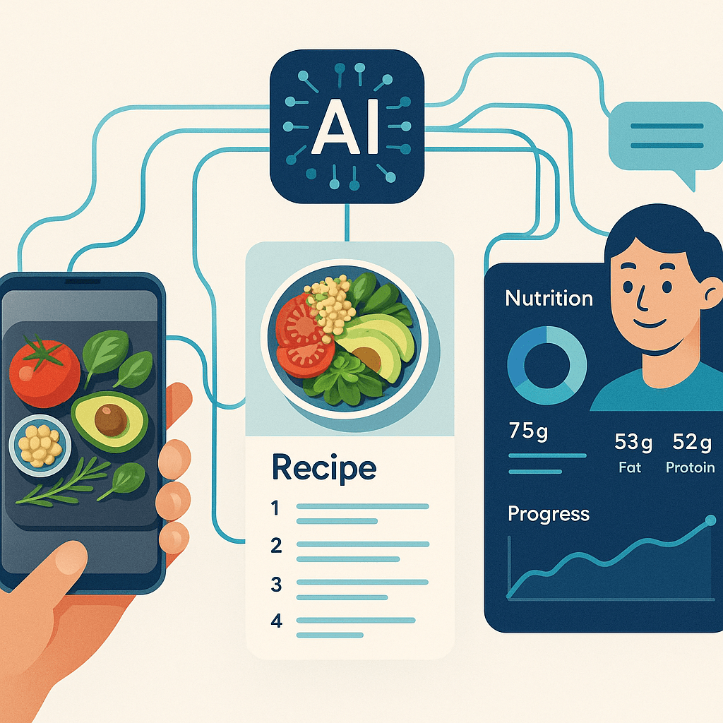 Unified AI platform converting photos to recipes, nutrition insights, and coaching